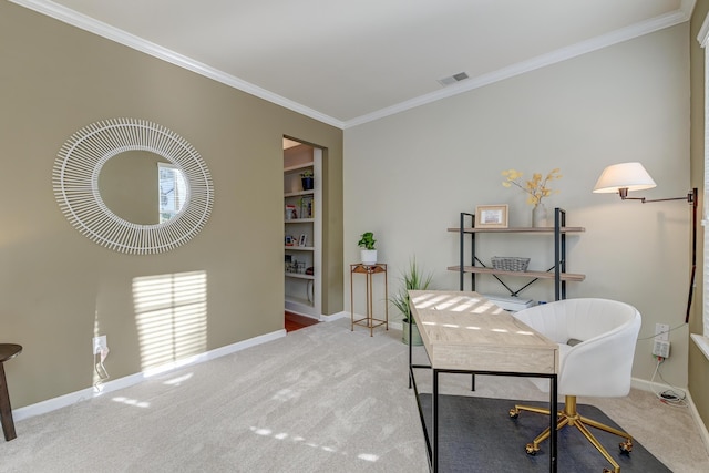 office area featuring carpet and crown molding