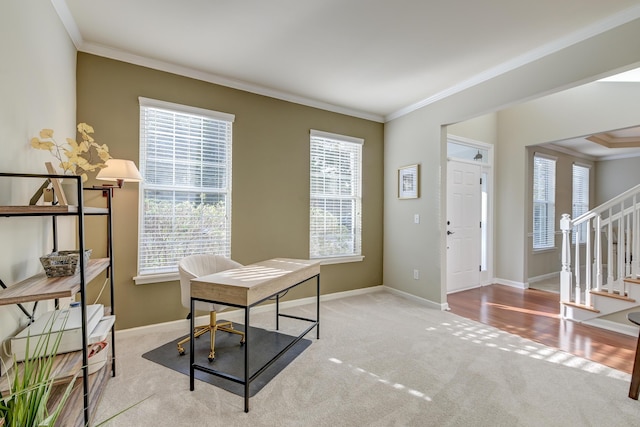 home office with crown molding, light carpet, and a wealth of natural light