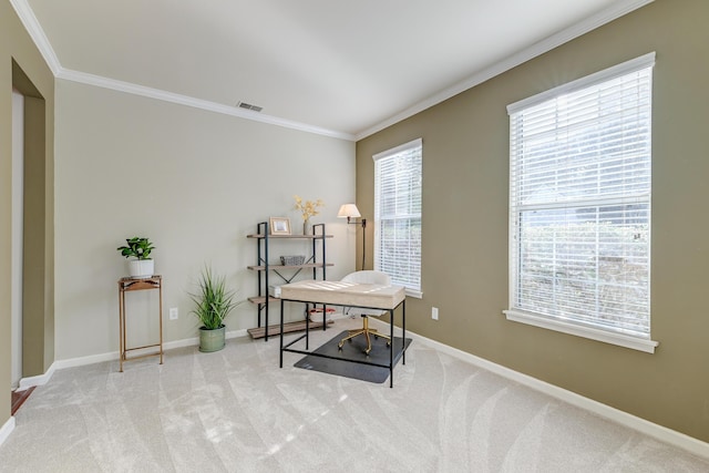 office area with light carpet and ornamental molding