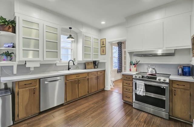 kitchen featuring a wealth of natural light, pendant lighting, sink, stainless steel appliances, and dark wood-type flooring