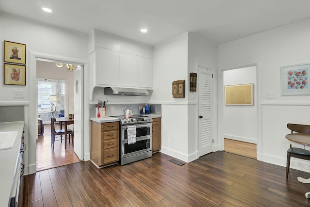 kitchen with ventilation hood, double oven range, dark wood-type flooring, and white cabinetry