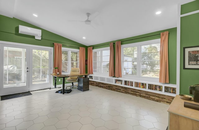 sunroom / solarium featuring lofted ceiling, an AC wall unit, and ceiling fan