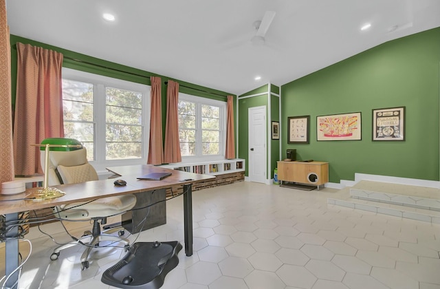 tiled office space with vaulted ceiling