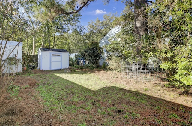 view of yard featuring a storage shed