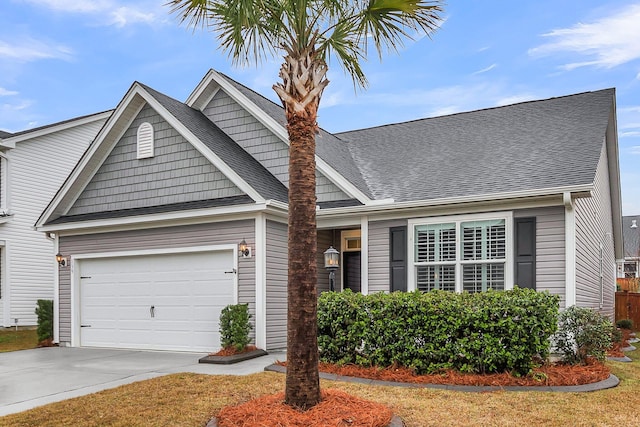 view of front of home with a garage, driveway, and roof with shingles