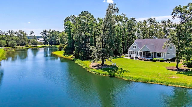 aerial view featuring a water view