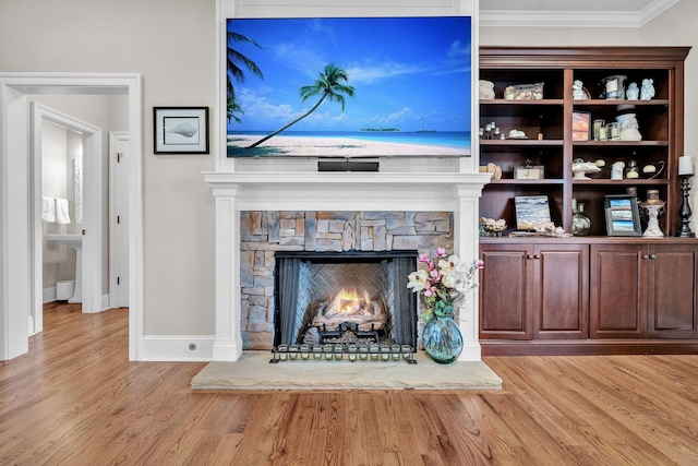 room details with crown molding, a stone fireplace, baseboards, and wood finished floors