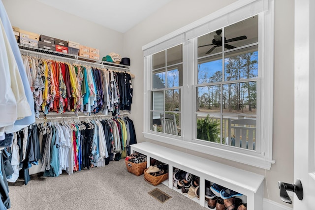 walk in closet featuring a ceiling fan, carpet, and visible vents