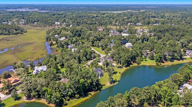 birds eye view of property featuring a water view and a view of trees