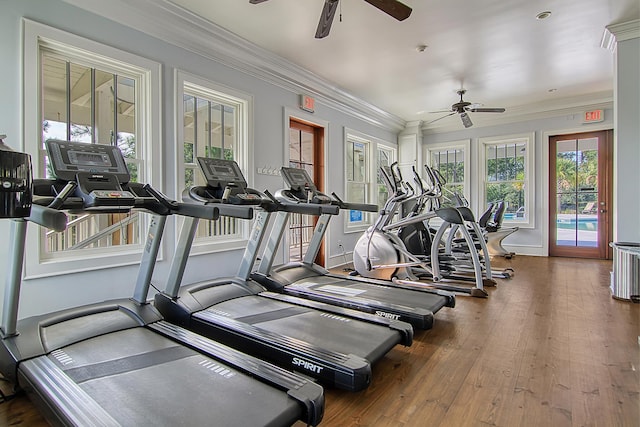 gym featuring baseboards, a ceiling fan, hardwood / wood-style flooring, and crown molding