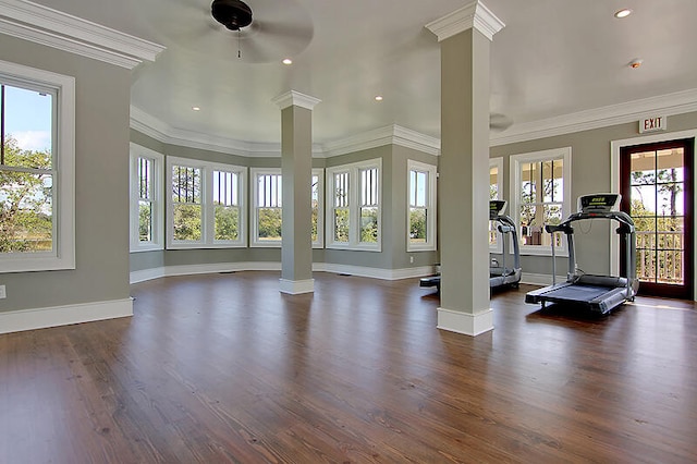 exercise room with crown molding, dark wood finished floors, decorative columns, and baseboards