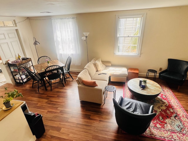 living room with dark hardwood / wood-style floors