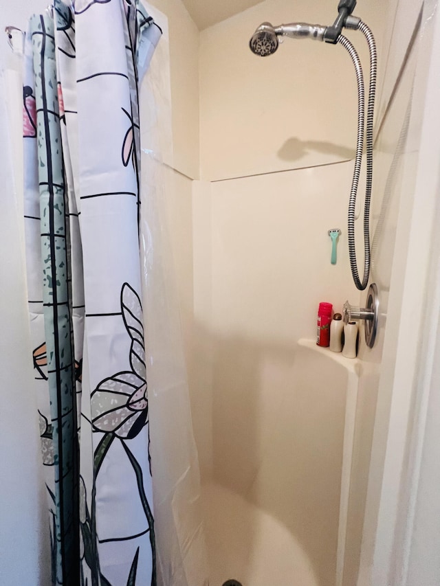 bathroom with a shower with shower curtain