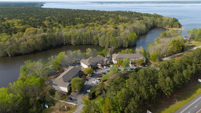 bird's eye view with a forest view and a water view