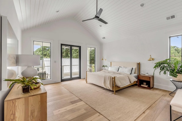 bedroom with wood ceiling, multiple windows, access to outside, ceiling fan, and light hardwood / wood-style flooring