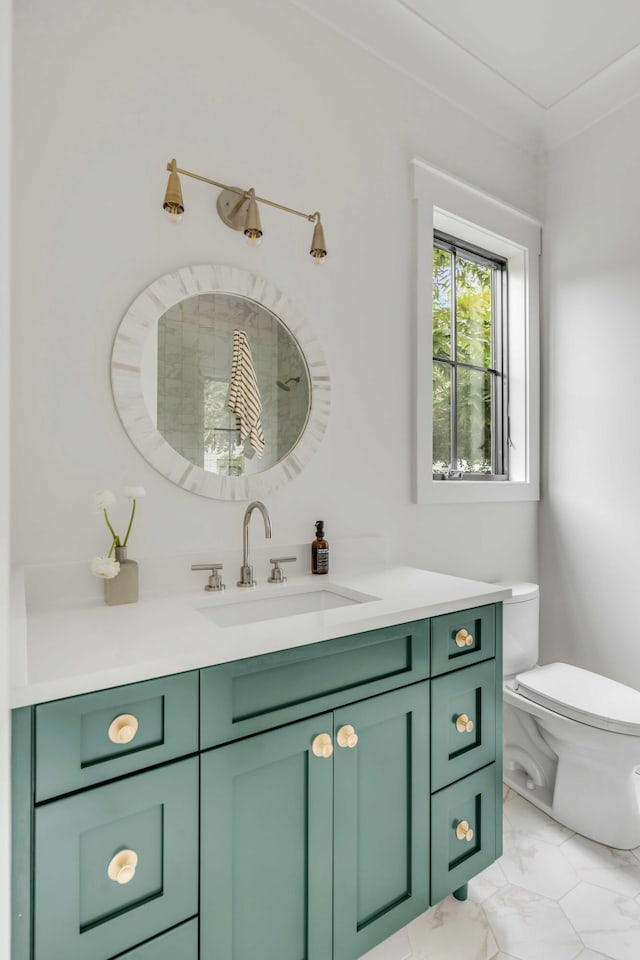 bathroom featuring toilet, vanity, and ornamental molding