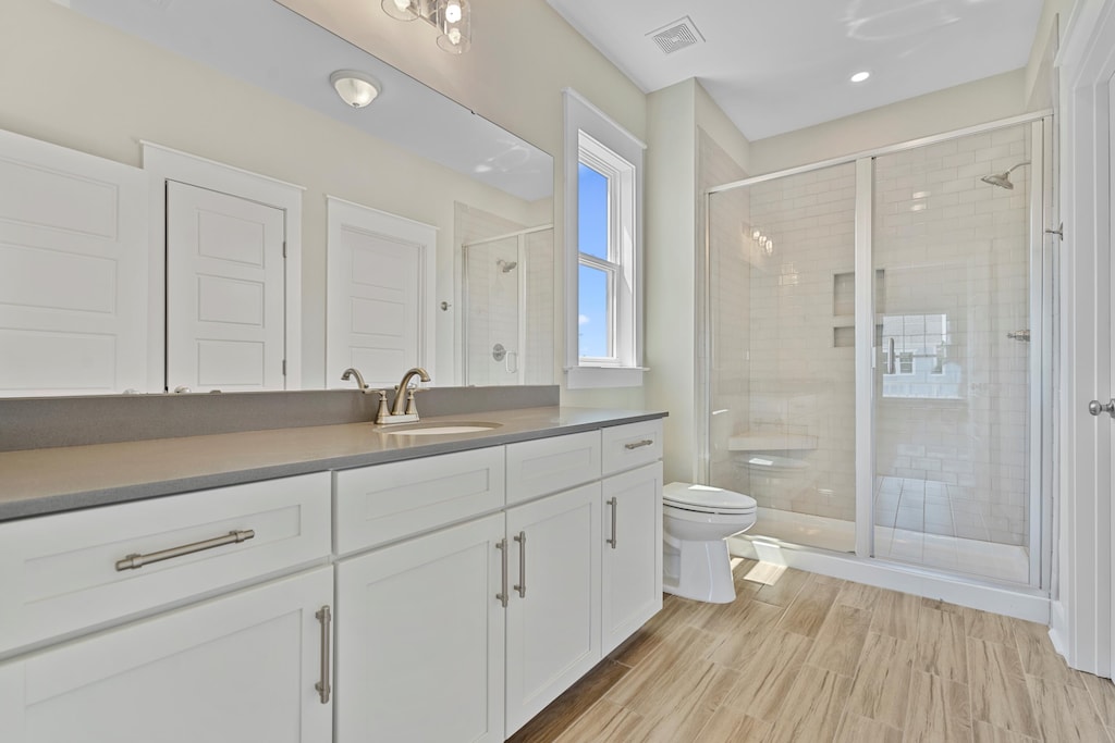 bathroom with walk in shower, vanity, wood-type flooring, and toilet