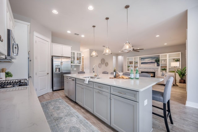 331 Fish Creek Ct, Summerville, SC 29486 - kitchen featuring stainless steel appliances, a sink, a ceiling fan, a lit fireplace, and light wood-style flooring