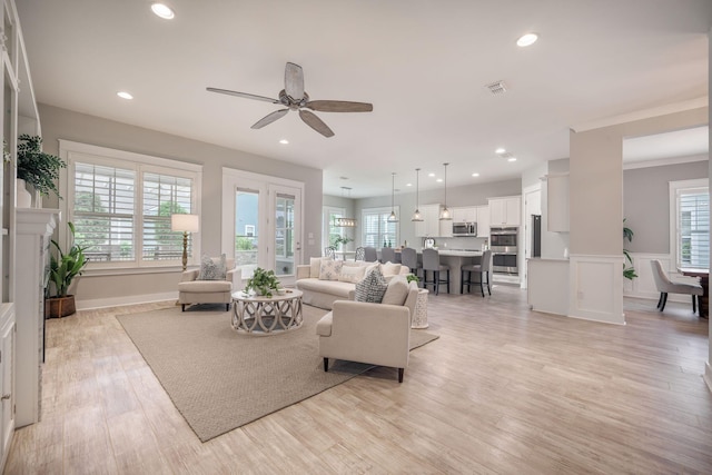 331 Fish Creek Ct, Summerville, SC 29486 - living area featuring healthy amount of natural light, ceiling fan, recessed lighting, light wood-style flooring, and ornamental molding