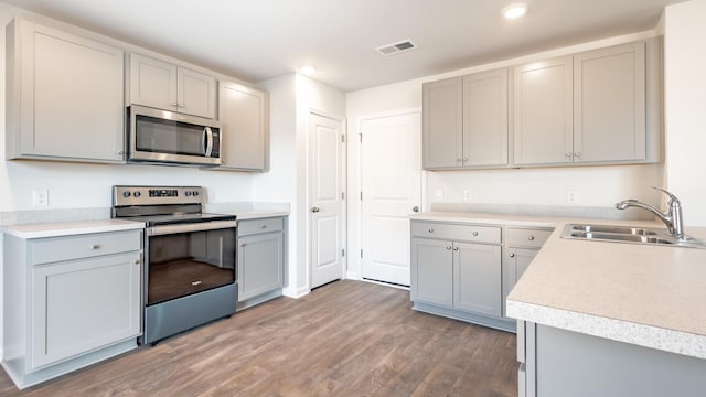 kitchen with stainless steel appliances, gray cabinets, and sink