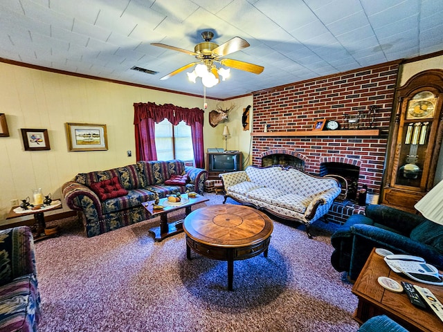 living room featuring carpet floors, a fireplace, crown molding, brick wall, and ceiling fan