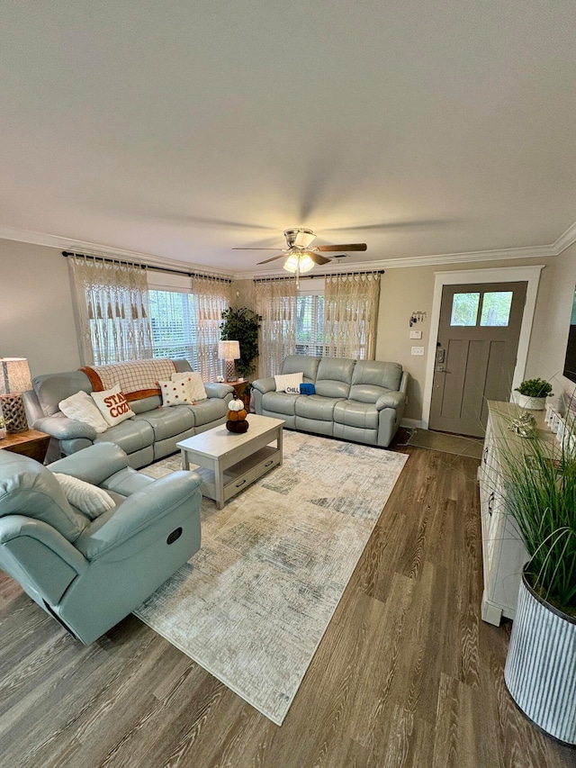 living room featuring crown molding, dark hardwood / wood-style flooring, and ceiling fan