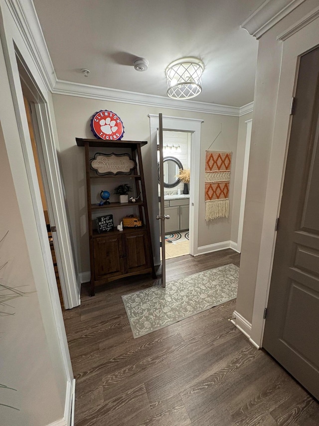 hall featuring crown molding and dark hardwood / wood-style floors