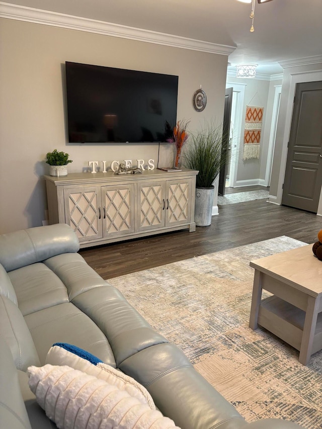 living room with ornamental molding and dark hardwood / wood-style floors