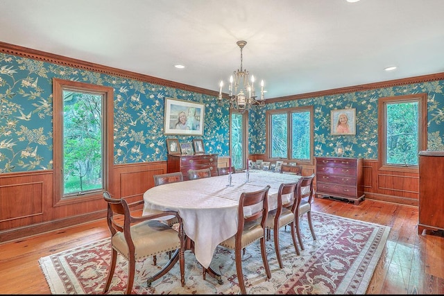 2287 Shoreline Dr, Johns Island, SC 29455 - dining room featuring light wood-style floors, wainscoting, plenty of natural light, a chandelier, and wallpapered walls