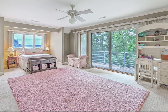 2287 Shoreline Dr, Johns Island, SC 29455 - carpeted bedroom featuring access to exterior, ornamental molding, and a ceiling fan