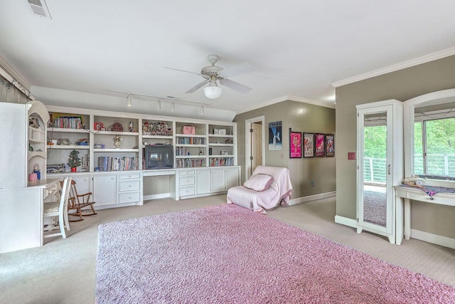 2287 Shoreline Dr, Johns Island, SC 29455 - sitting room featuring light colored carpet, built in study area, ornamental molding, and a ceiling fan