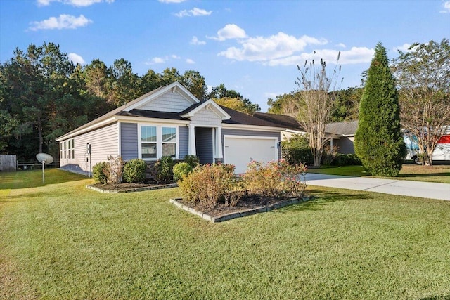 ranch-style house featuring a front yard and a garage