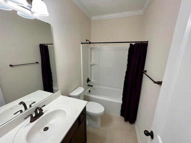 full bathroom featuring toilet, shower / bath combo with shower curtain, vanity, crown molding, and tile patterned flooring