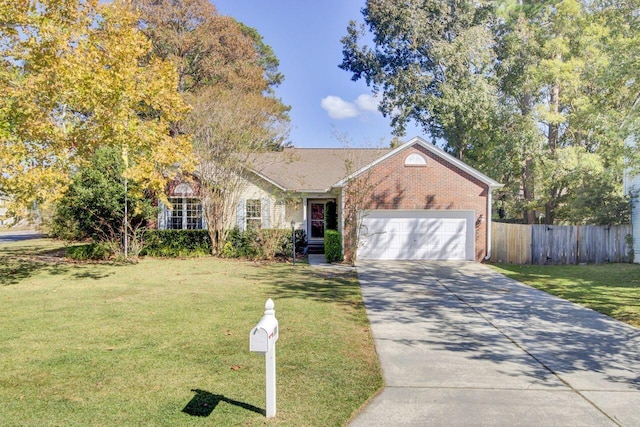 ranch-style home featuring a front yard and a garage