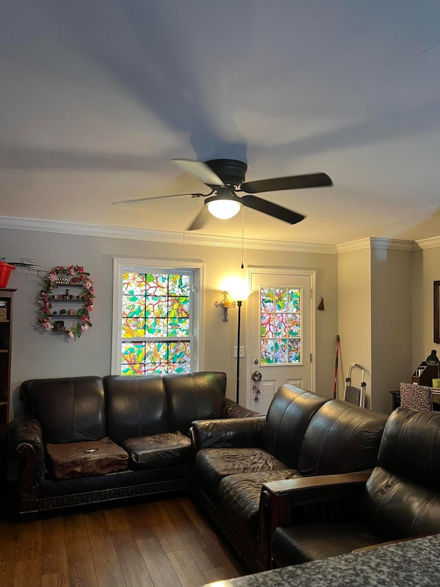 living room featuring crown molding, wood-type flooring, and ceiling fan