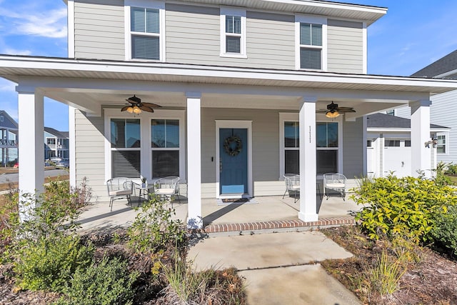 view of front of home featuring ceiling fan and covered porch