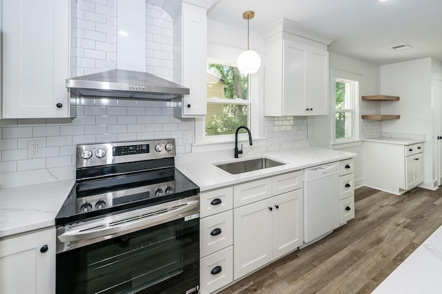 2219 Eagle Dr, North Charleston, SC 29406 - kitchen with white dishwasher, open shelves, a sink, electric stove, and wall chimney exhaust hood