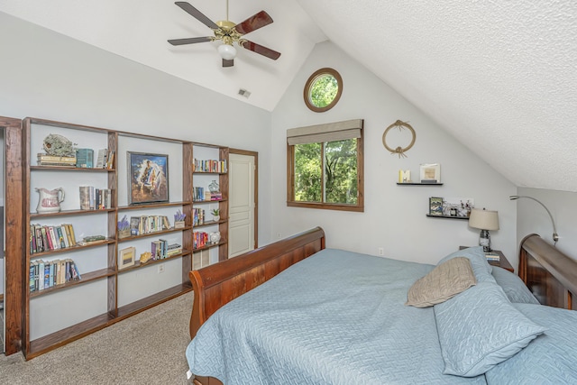 2468 Marina Rd, Wadmalaw Island, SC 29487 - bedroom featuring vaulted ceiling, carpet floors, ceiling fan, and a textured ceiling