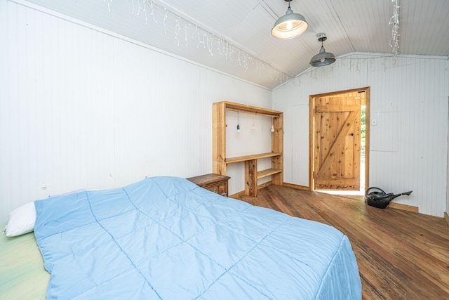 2468 Marina Rd, Wadmalaw Island, SC 29487 - bedroom featuring hardwood / wood-style floors, lofted ceiling, and wood walls