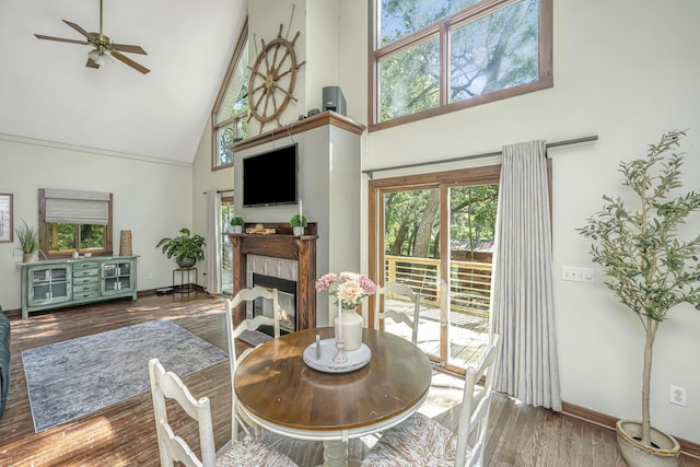 2468 Marina Rd, Wadmalaw Island, SC 29487 - dining area featuring high vaulted ceiling, a glass covered fireplace, a ceiling fan, wood finished floors, and baseboards