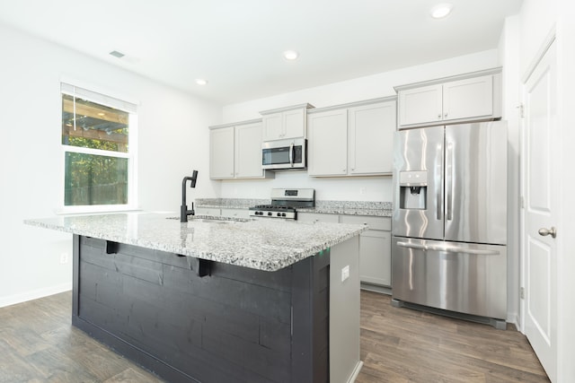 kitchen with an island with sink, sink, light stone countertops, appliances with stainless steel finishes, and dark hardwood / wood-style flooring