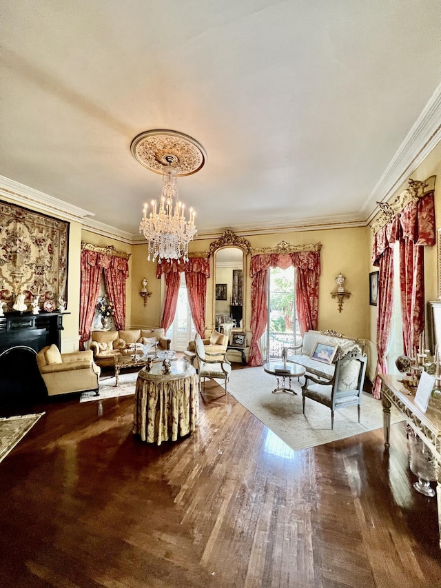 81 Rutledge Ave, Charleston, SC 29401 - living area with wood finished floors, a chandelier, crown molding, and arched walkways