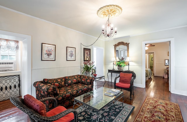 81 Rutledge Ave, Charleston, SC 29401 - living area with a chandelier, a wainscoted wall, wood-type flooring, and crown molding