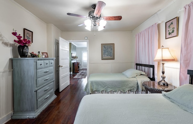 81 Rutledge Ave, Charleston, SC 29401 - bedroom featuring dark wood finished floors, wainscoting, ornamental molding, and ceiling fan