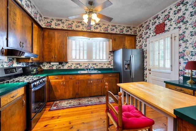 kitchen featuring sink, ceiling fan, light wood-type flooring, range hood, and appliances with stainless steel finishes