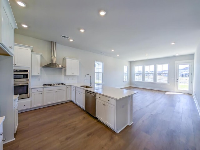 444 Parish Farms Dr, Summerville, SC 29486 - kitchen featuring appliances with stainless steel finishes, wall chimney exhaust hood, a peninsula, white cabinets, and dark wood-type flooring
