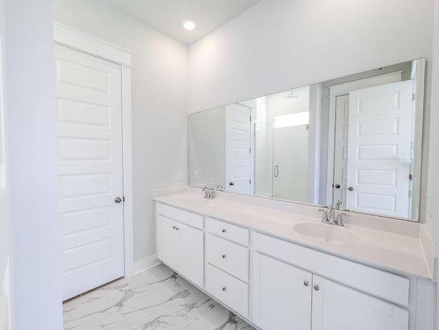 444 Parish Farms Dr, Summerville, SC 29486 - full bathroom featuring double vanity, a stall shower, marble finish flooring, and recessed lighting