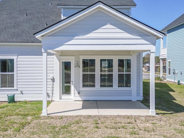 444 Parish Farms Dr, Summerville, SC 29486 - entrance to property featuring a shingled roof, a yard, and a patio