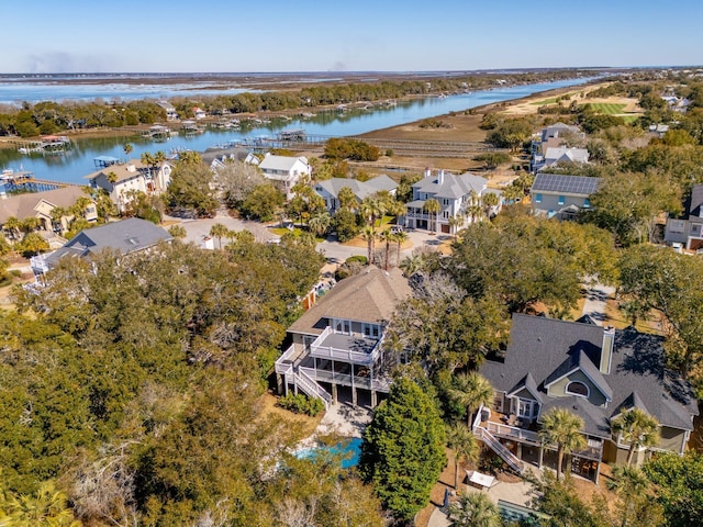 aerial view featuring a water view and a residential view