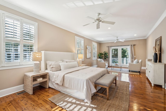 bedroom with crown molding, access to outside, hardwood / wood-style floors, and baseboards